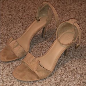 Nude suede ruffle ankle strap heel